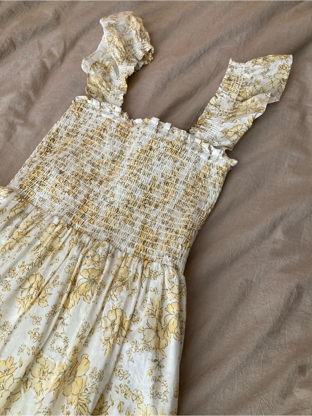 Yellow Smocked Floral Sundress Cottagecore Maxi Lined w Pockets